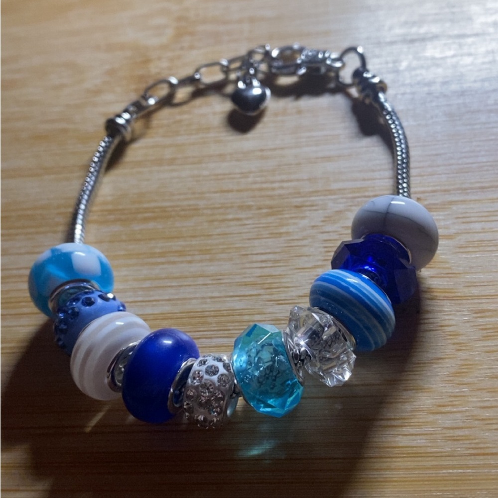 Elegant Blue and White European Bead Bracelet